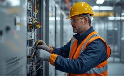 Ανδρας φορώντας μαπ κάνει ηλεκτρολογικές εργασίες