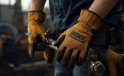 Χέρια που φοράνε γάντια εργασίας