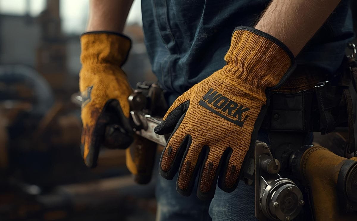 Χέρια που φοράνε γάντια εργασίας