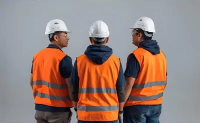 Τρεις αντρες που φοράνε πορτοκαλί γιλέκο