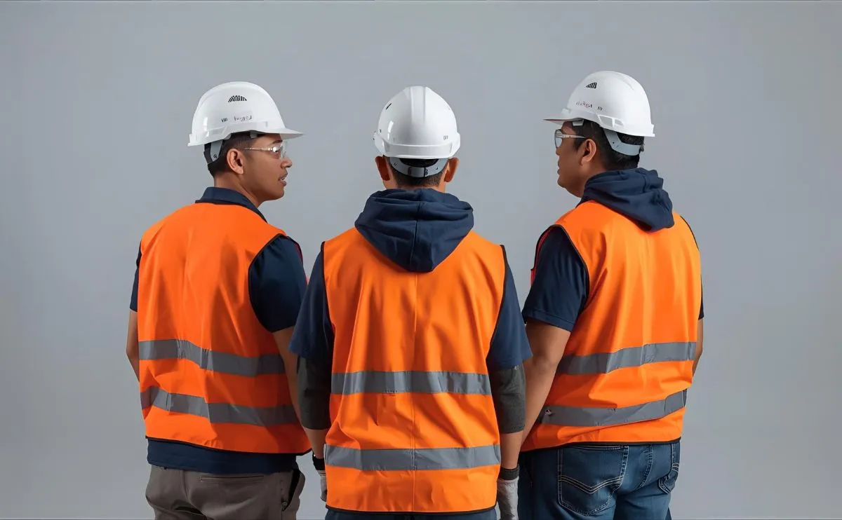 Τρεις αντρες που φοράνε πορτοκαλί γιλέκο