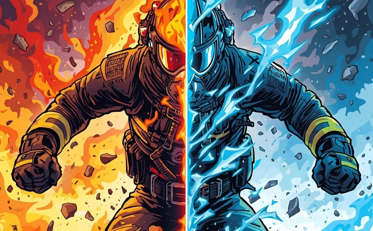 Εικόνα καρτούν που δείχνει στρατιώτη στη ζέστη απο την μισή εικόνα και κρύο από την άλλη