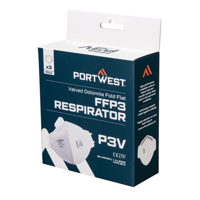 P310 Portwest - Μάσκα Αναδιπλούμενη FFP3 με Βαλβίδα & Dolomite (Πακέτο 3) - Image 2