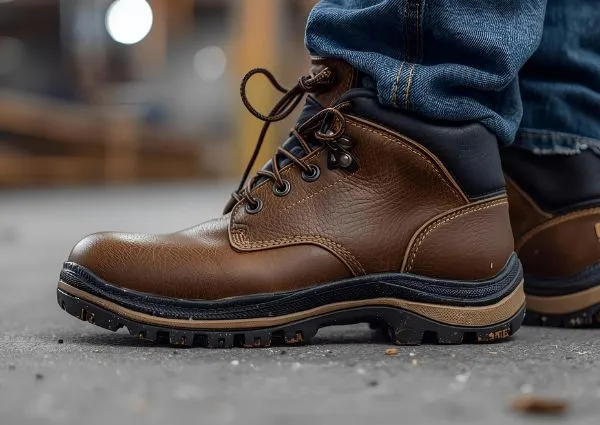 Δερμάτινες μπότες εργασίας σε μεγένθυση φορεμένες