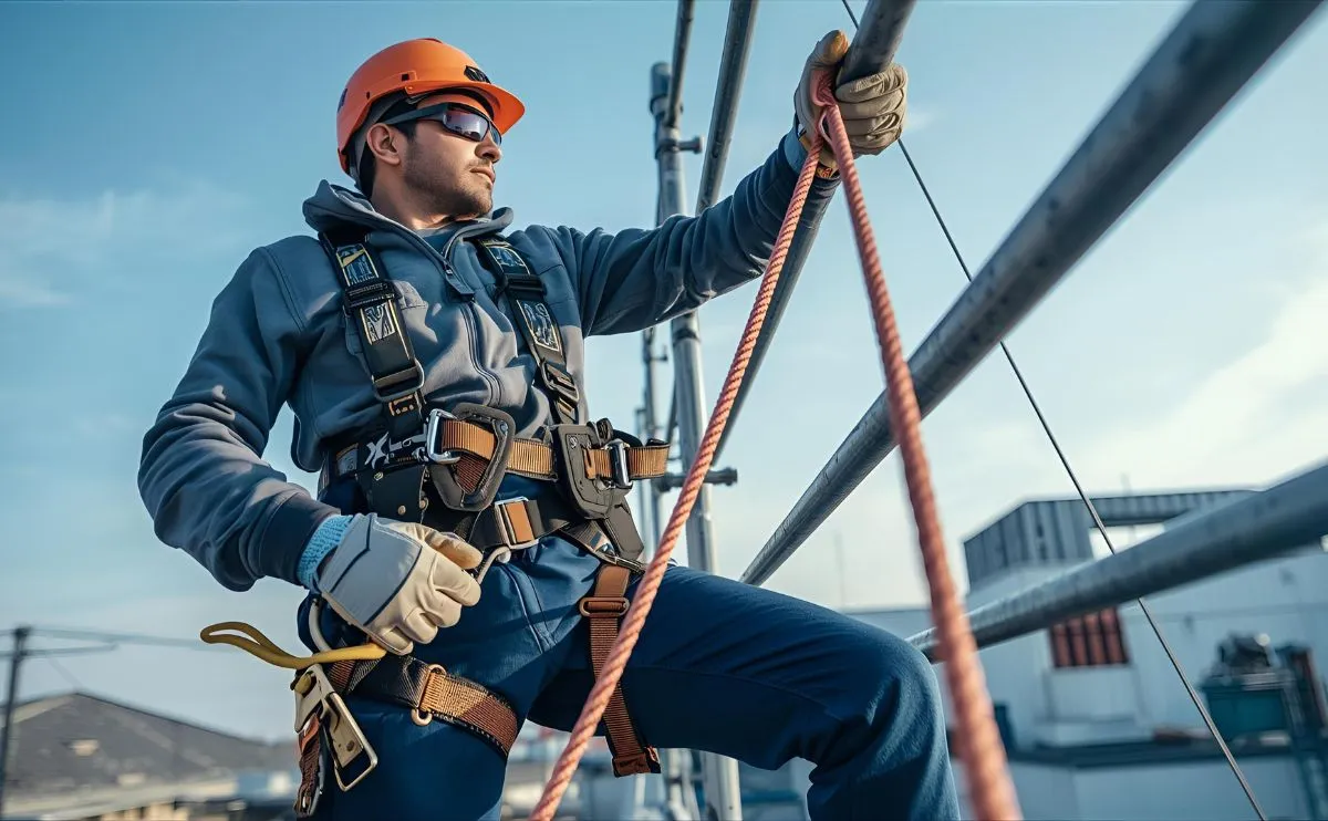 Ανδρας με μαπ κρέμεται σε σκαλωσιά με ιμαντα ασφαλείας