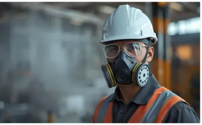 Ανδρας φοράει κράνος εργασίας και αναπνευστική μάσκα