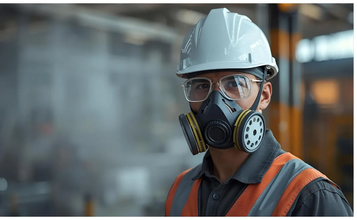 Ανδρας φοράει κράνος εργασίας και αναπνευστική μάσκα