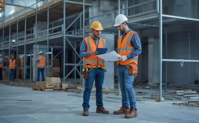 Δυο Ανδρες σε εργοτάξιο με ρούχα εργασίας