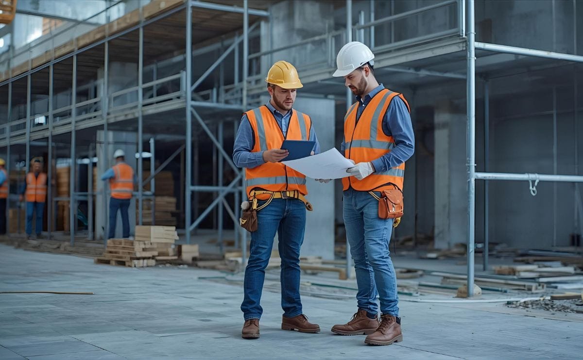 Δυο Ανδρες σε εργοτάξιο με ρούχα εργασίας