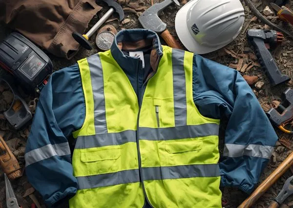 Σακάκι, γιλέκο ανακλαστικό και κράνος στο έδαφος